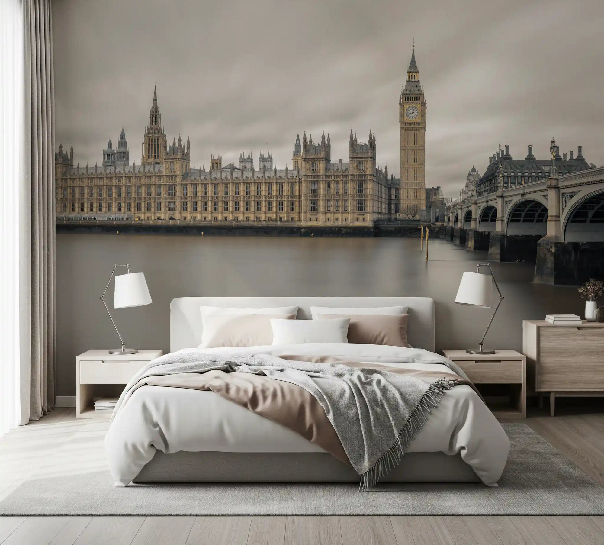 Grey bed and nightstands below the Westminster Big Ben Atmospheric View wall mural GD12845