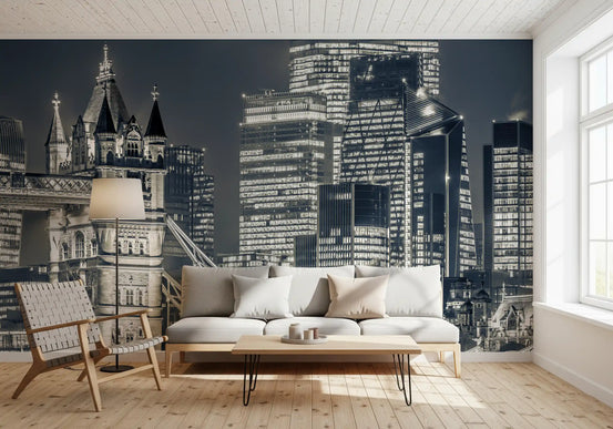 White sofa and wooden chair below the Monochrome Metropolitan Bridge View wall mural GD12846