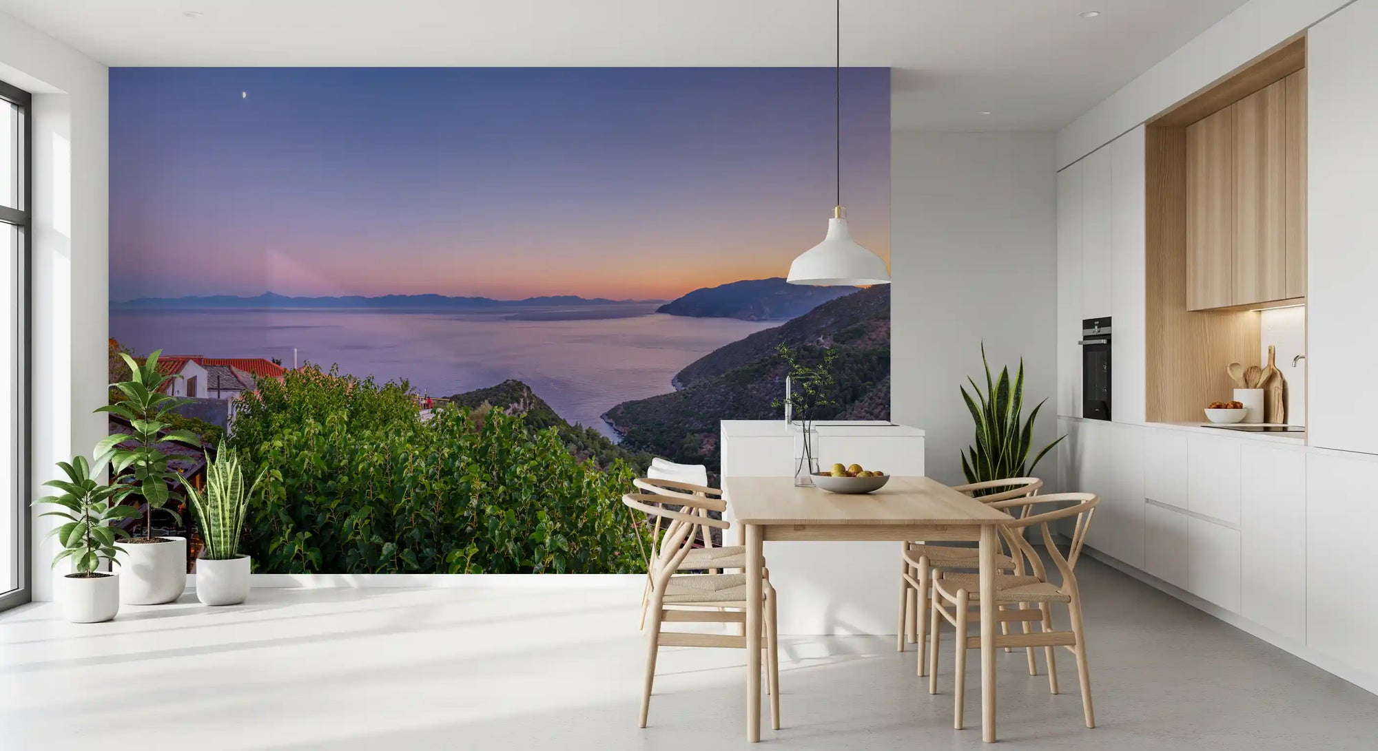 Mediterranean twilight village mural in a white kitchen with a wood dining table GD12848