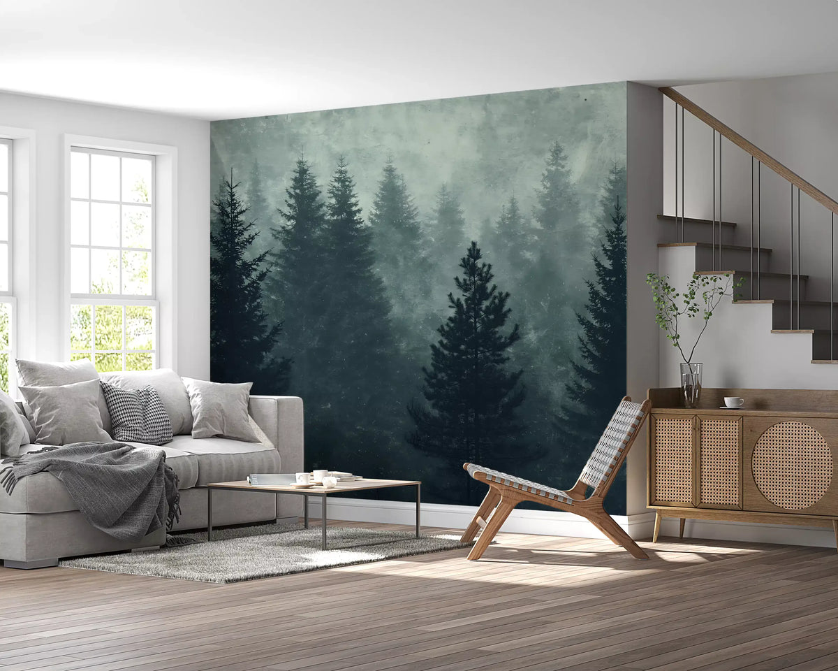 Misty pine forest mural behind a grey sofa and wood accent chair by a staircase GD12850