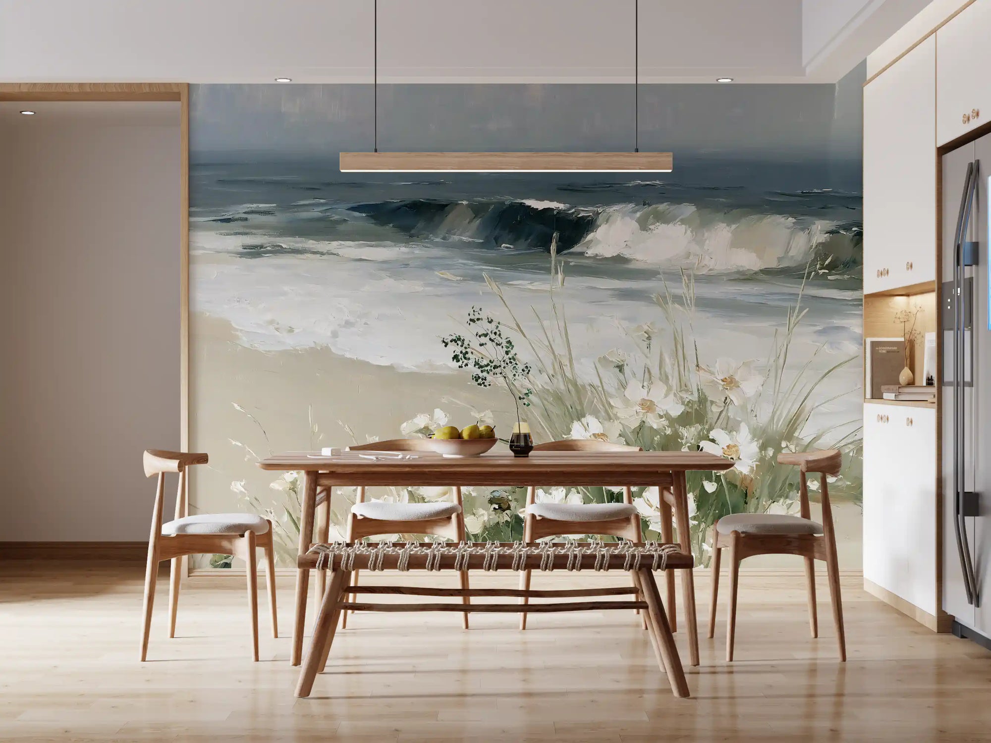 Coastal meadow breeze mural behind a wood dining table in a white kitchen GD12854