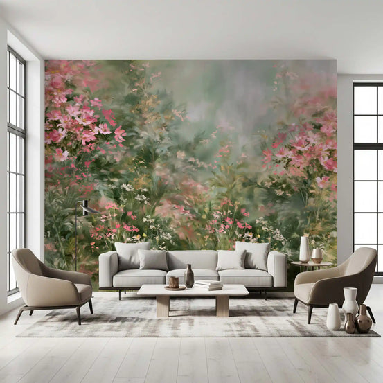 Impressionist pink blossom meadow mural behind a grey sofa and armchairs GD12856