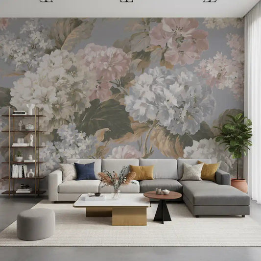 Slate Gray Botanical Hydrangea Bloom Wall Mural