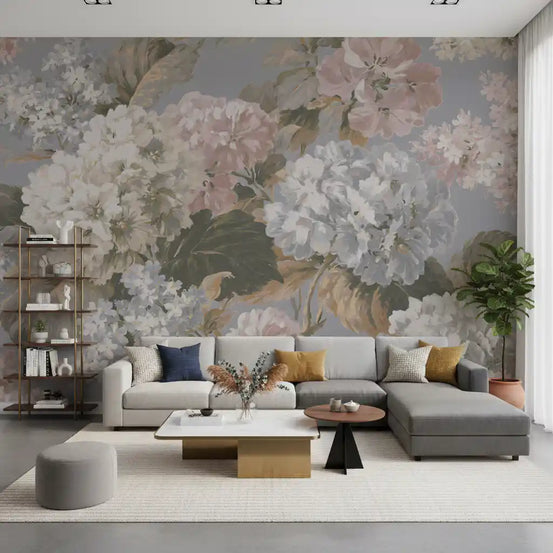 Slate gray hydrangea bloom mural behind a grey sectional and bookshelf GD12858