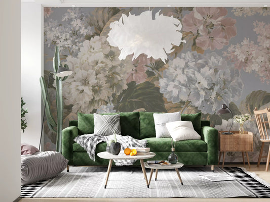 Slate Gray Botanical Hydrangea Bloom Wall Mural