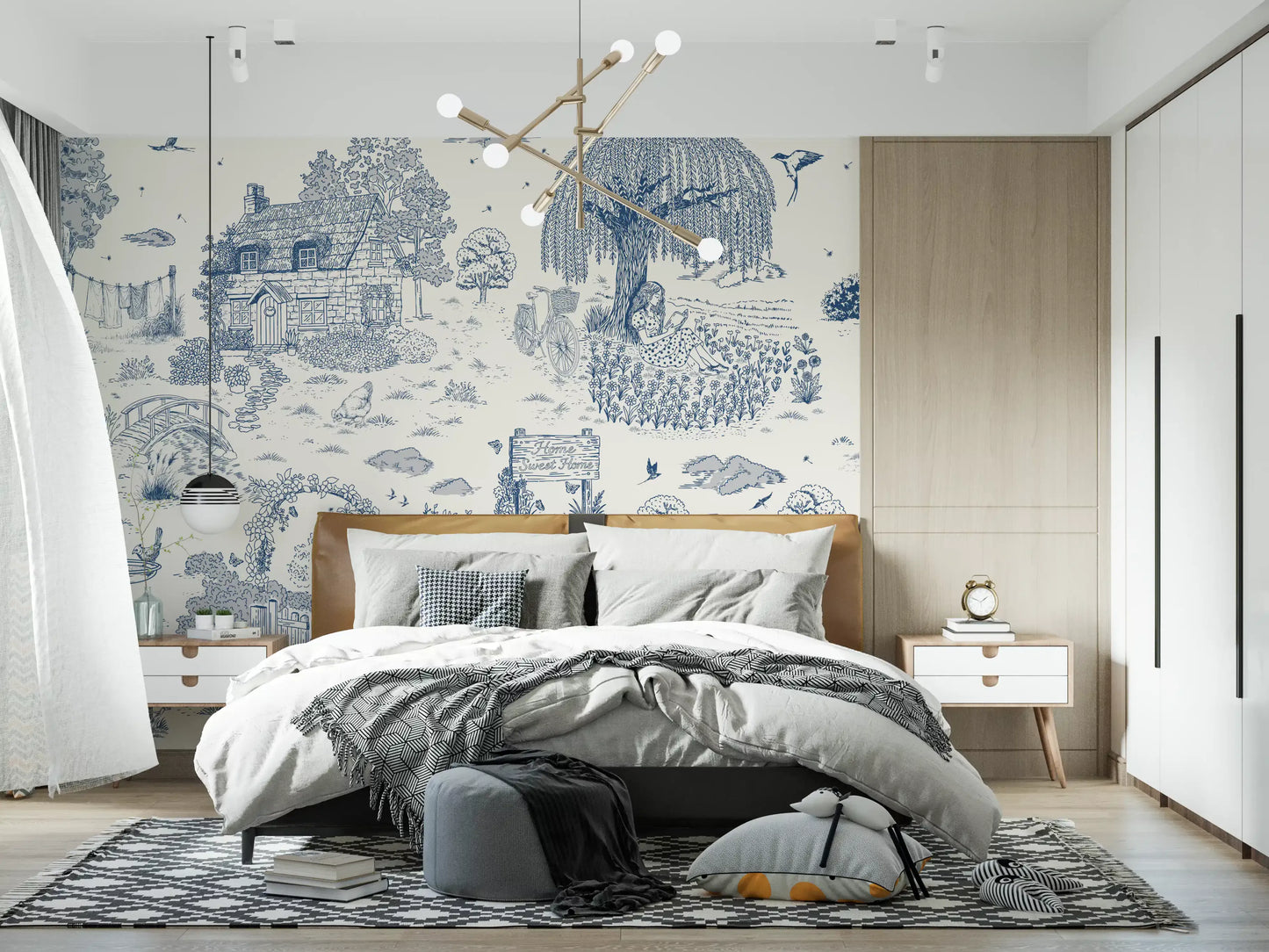 Toile de Jouy Country Cottage Sketch Wall Mural