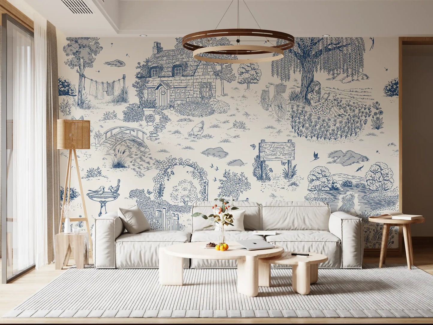 Toile de Jouy Country Cottage Sketch Wall Mural