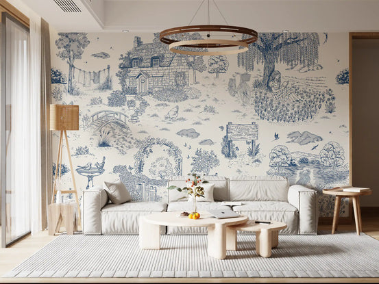 Toile de Jouy wall mural behind a white sofa with wood coffee tables GD12863