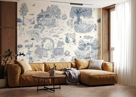 Toile de Jouy Country Cottage Sketch Wall Mural