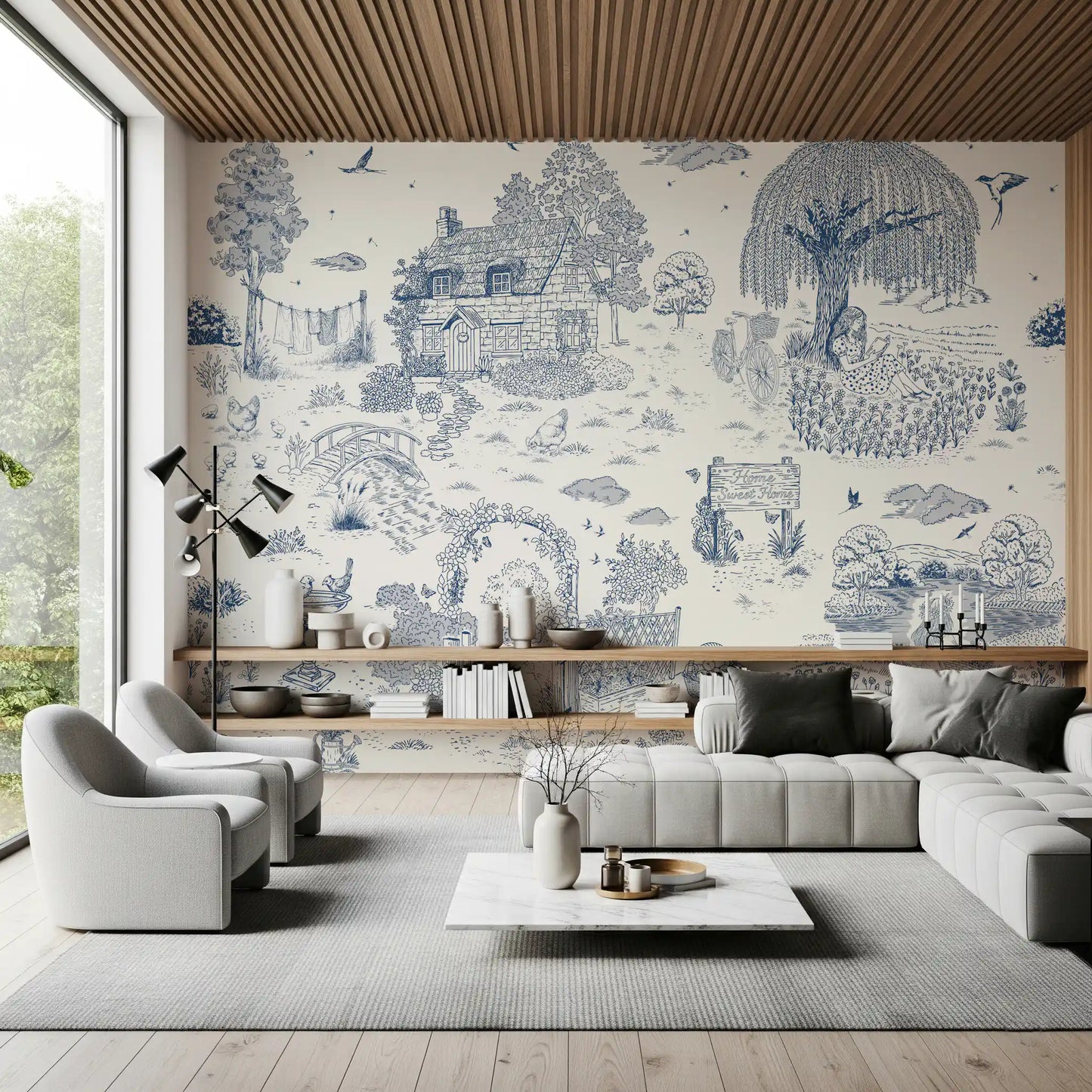 Toile de Jouy Country Cottage Sketch Wall Mural