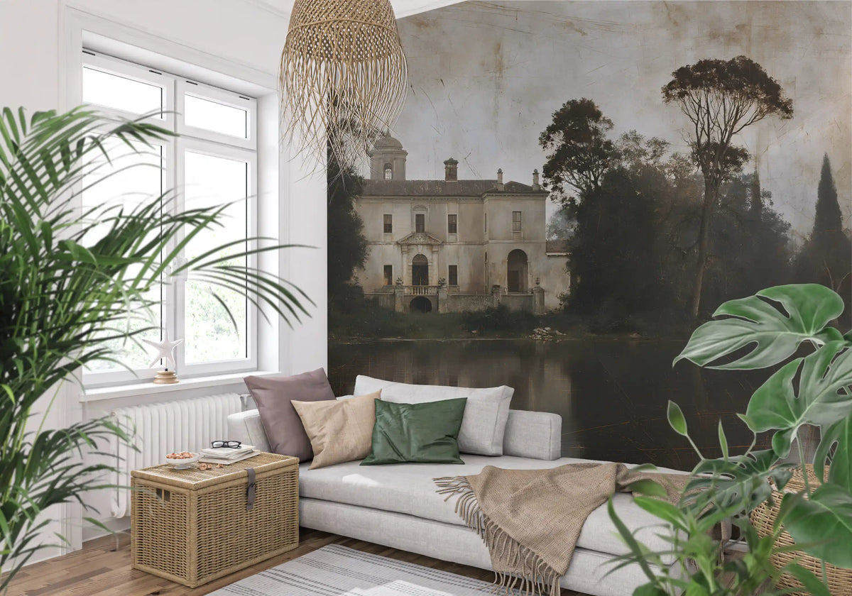 Italian villa lakeside wall mural behind a white sofa with plants and basket GD12864