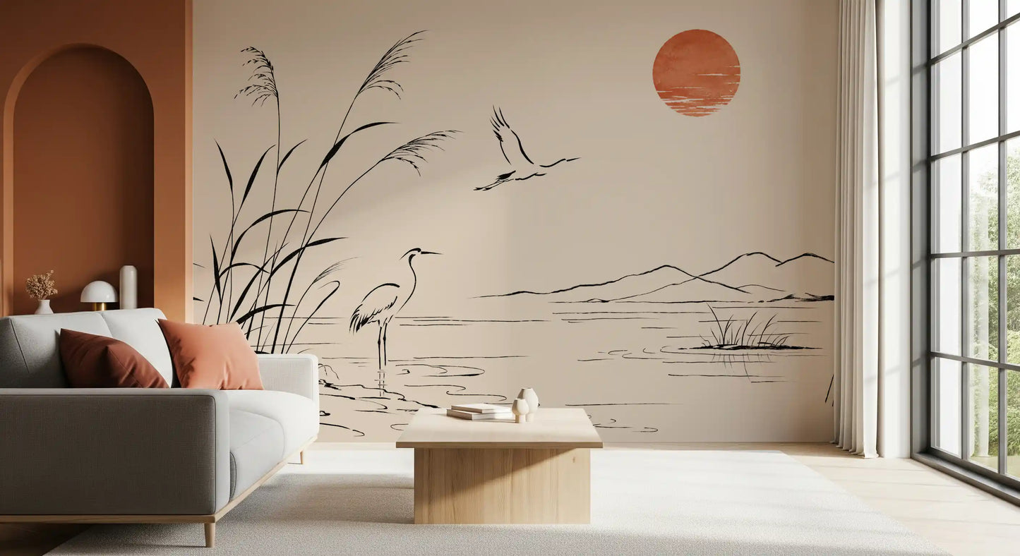 Minimalist Ink Wash Heron Landscape Wall Mural