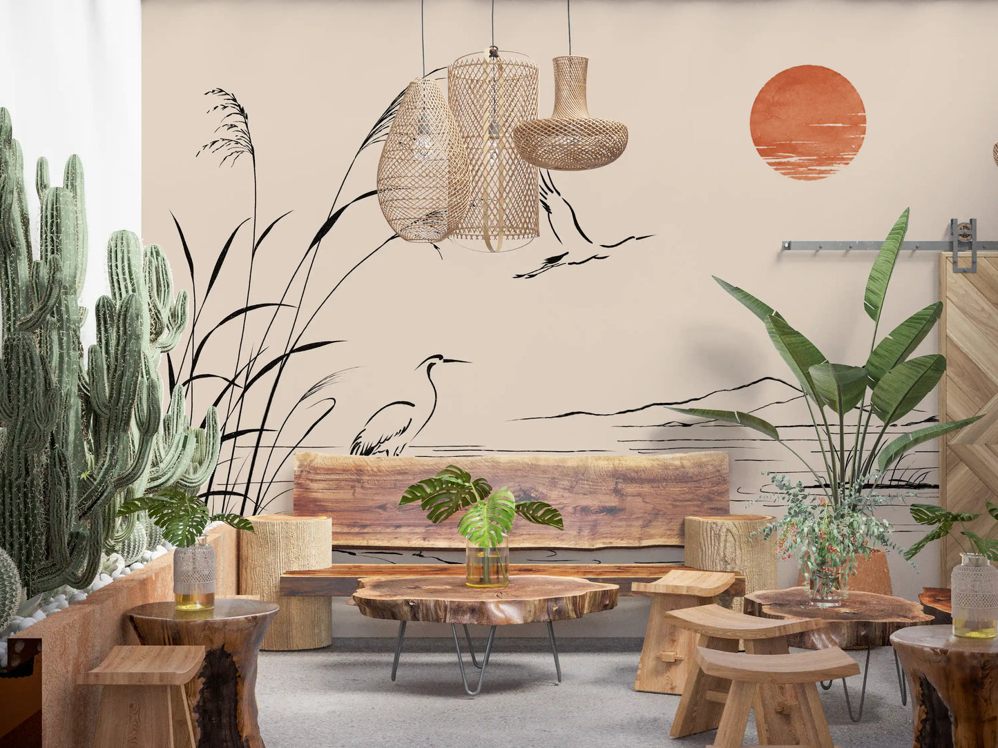Minimalist Ink Wash Heron Landscape Wall Mural