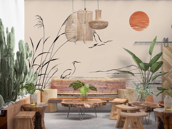 Minimalist ink wash heron mural in a boho living room with cactus and wood coffee table GD12865