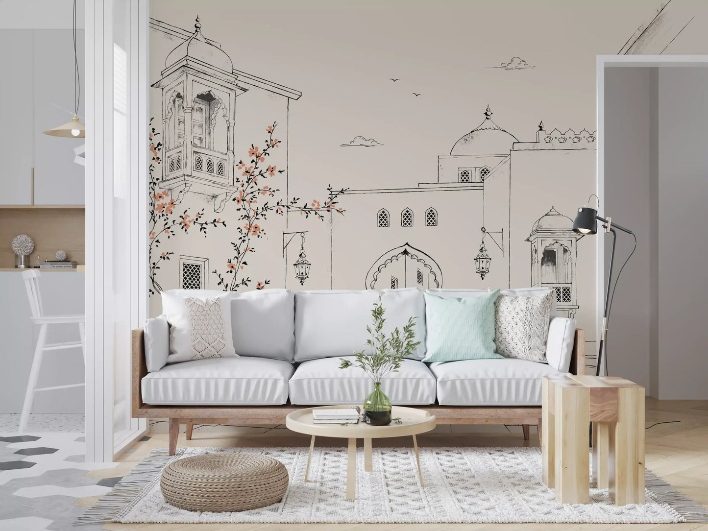 Serene Architectural Courtyard Sketch Wall Mural