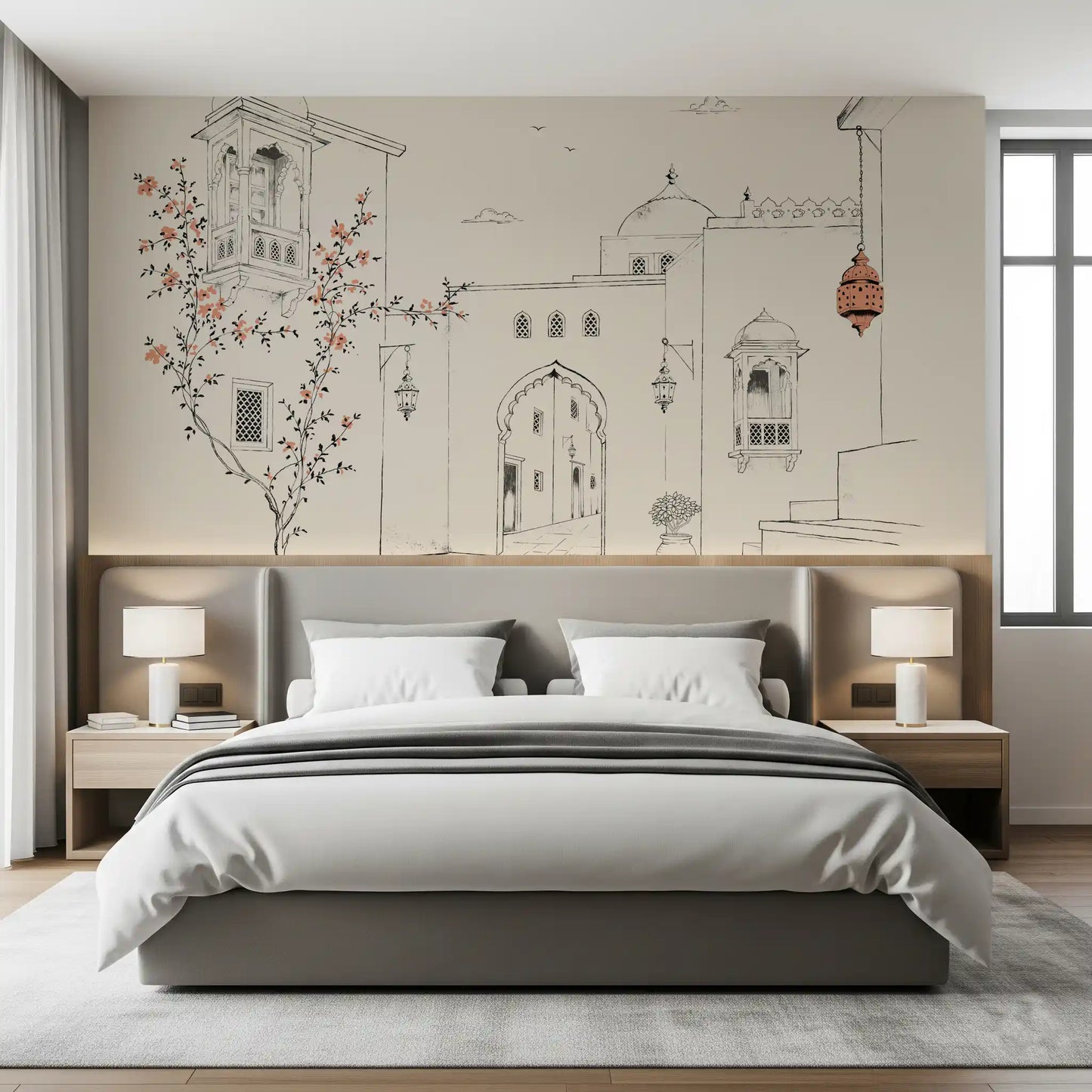 Serene Architectural Courtyard Sketch Wall Mural