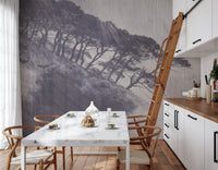 Monochrome Coastal Pines Landscape Wall Mural