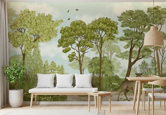 Enchanted woodland deer mural in a living room with a white bench and wood table GD12869