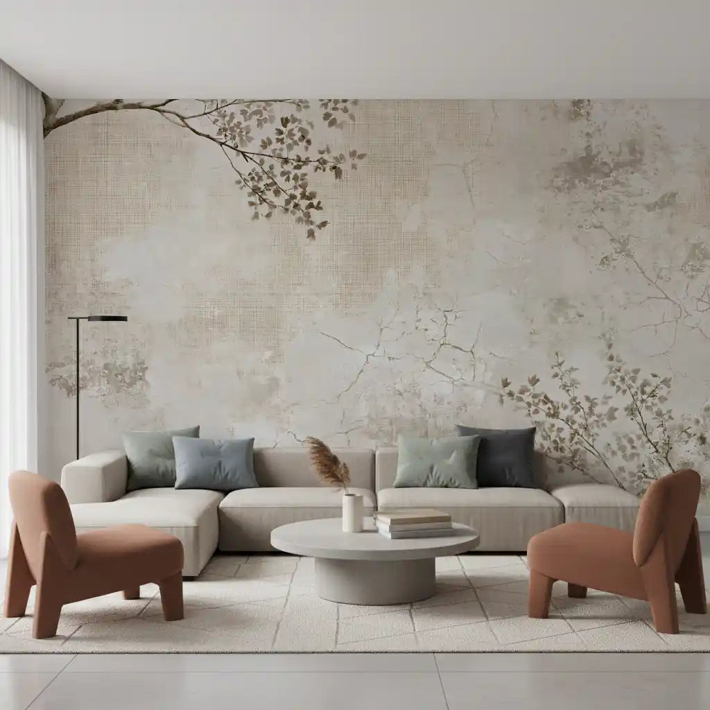 Rustic Beige Weathered Texture with Delicate Branches Wall Mural