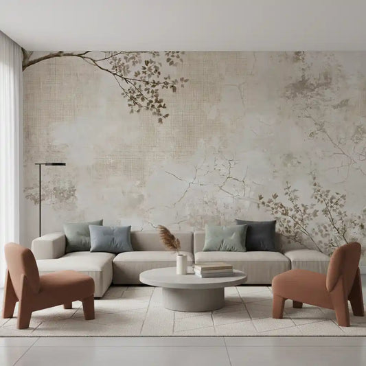 Rustic Beige Weathered Texture with Delicate Branches Wall Mural