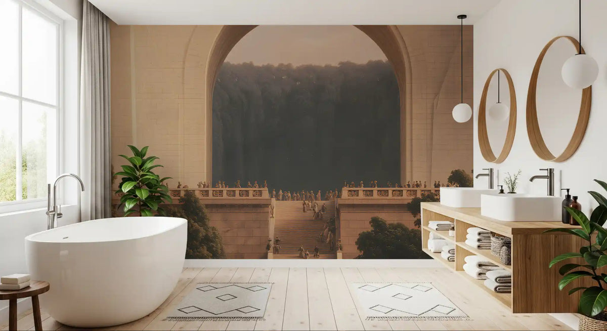 Monumental stone passage mural in a bathroom with a freestanding tub GD12875