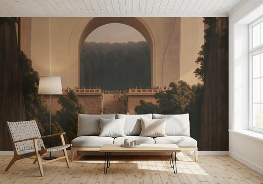 Arched stone passage mural behind a white sofa and cane armchair GD12875