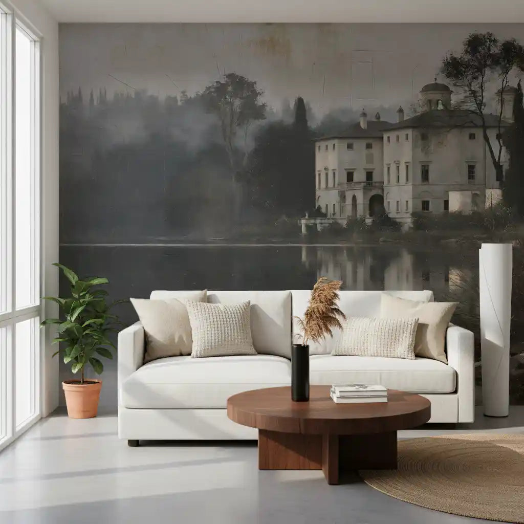 Aged canvas waterfront villa mural behind a white sofa and walnut coffee table GD12878