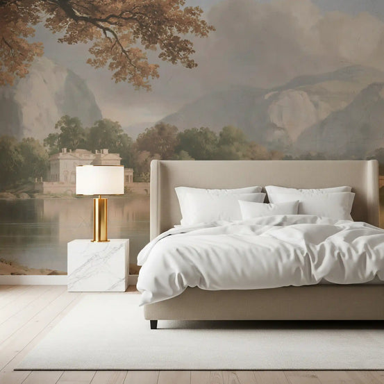 Hazy mountain lake mural behind a beige bed with a marble nightstand GD12879