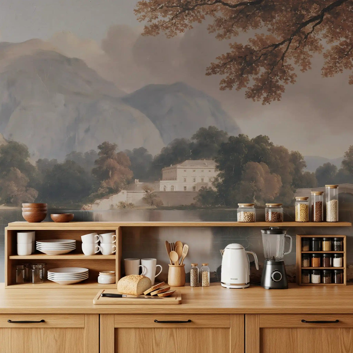 Serene mountain lake estate mural above a wooden kitchen counter and shelving GD12882