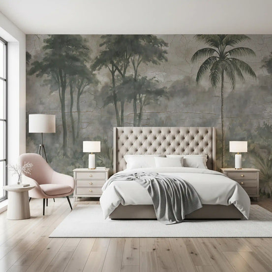 Misty botanical landscape mural behind a tufted cream bed and blush accent chair GD12883
