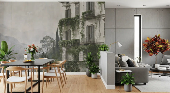 Black dining table and grey sofa against a vintage Mediterranean estate mural GD12887