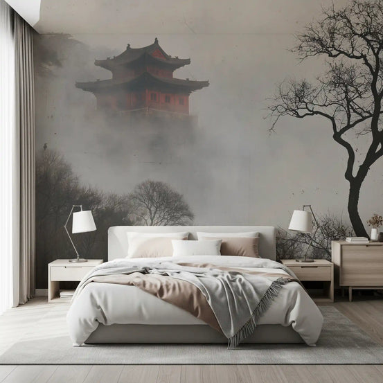 Misty pagoda mountain mural behind a grey bed with wood nightstands GD12889