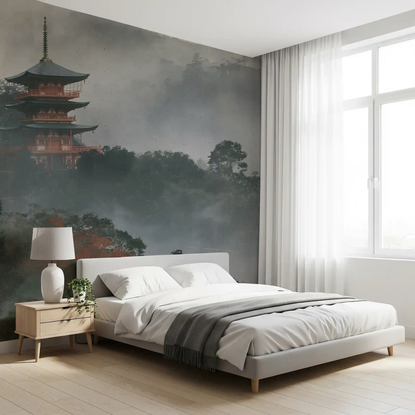 Ancient Temple in Foggy Woods Wall Mural