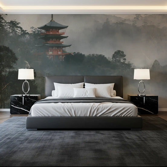 Foggy temple forest mural behind a grey bed with black marble nightstands GD12890