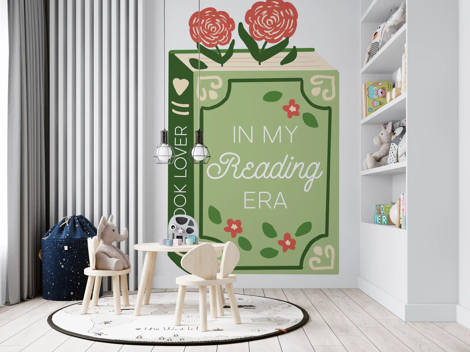 Book Lover reading era wall mural in a bright kids playroom with white desk and chairs GD12895