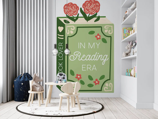 Book Lover reading era wall mural in a bright kids playroom with white desk and chairs GD12895