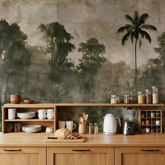 Aged tropical forest mural behind a wood kitchen sideboard with dishware GD12904