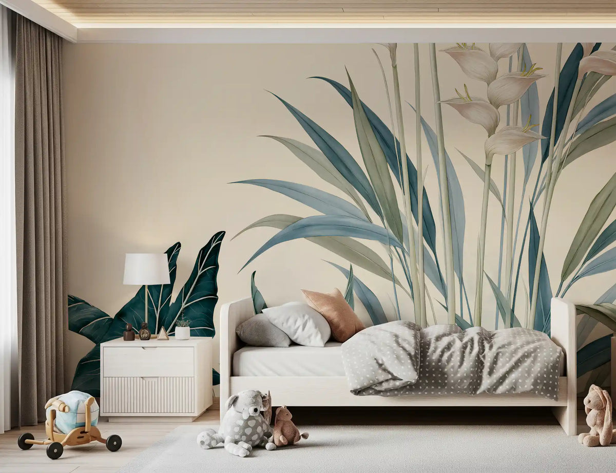 Alocasia heliconia botanical mural in a child's room with a white daybed GD12906