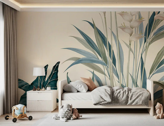 Alocasia heliconia botanical mural in a child's room with a white daybed GD12906