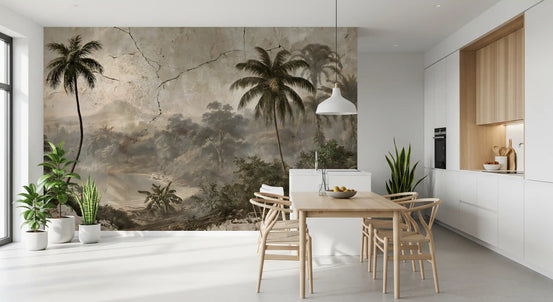 Aged plaster coastal palm mural in a bright white kitchen with a wooden dining table GD12913
