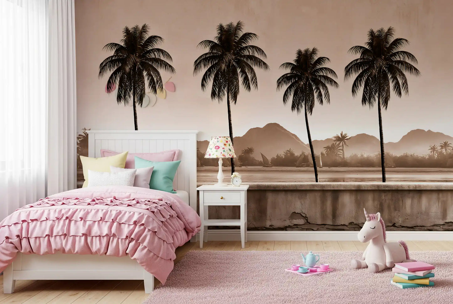 Sepia Palm Shoreline Landscape Wall Mural