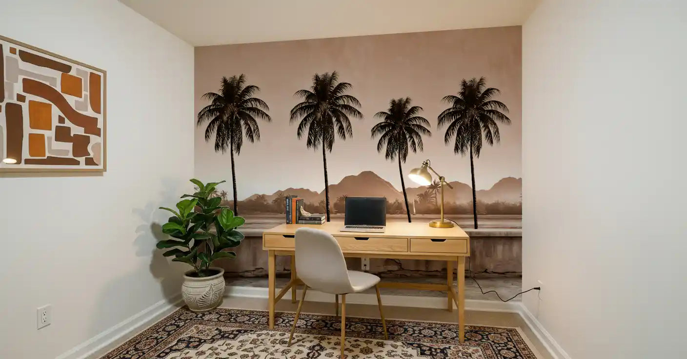 Sepia Palm Shoreline Landscape Wall Mural