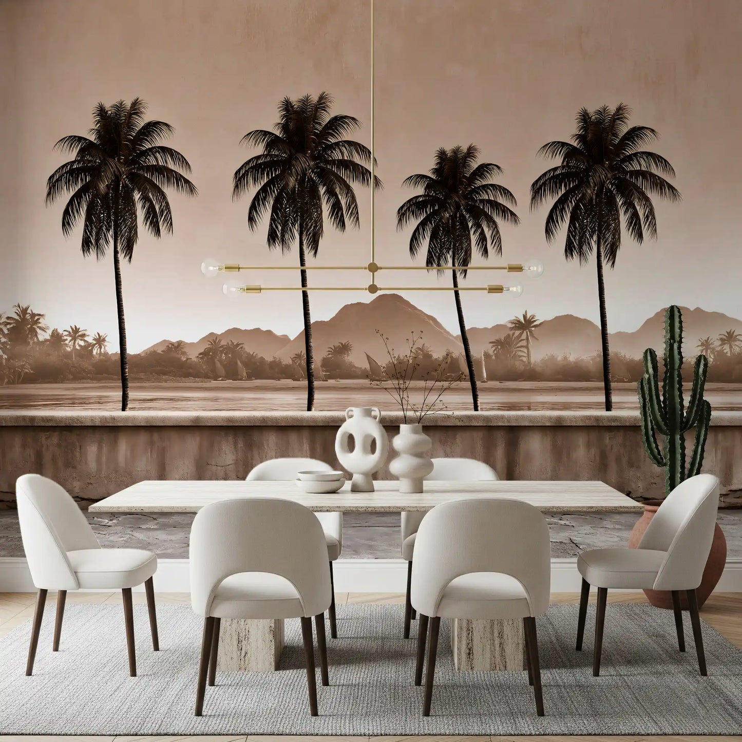 Sepia Palm Shoreline Landscape Wall Mural