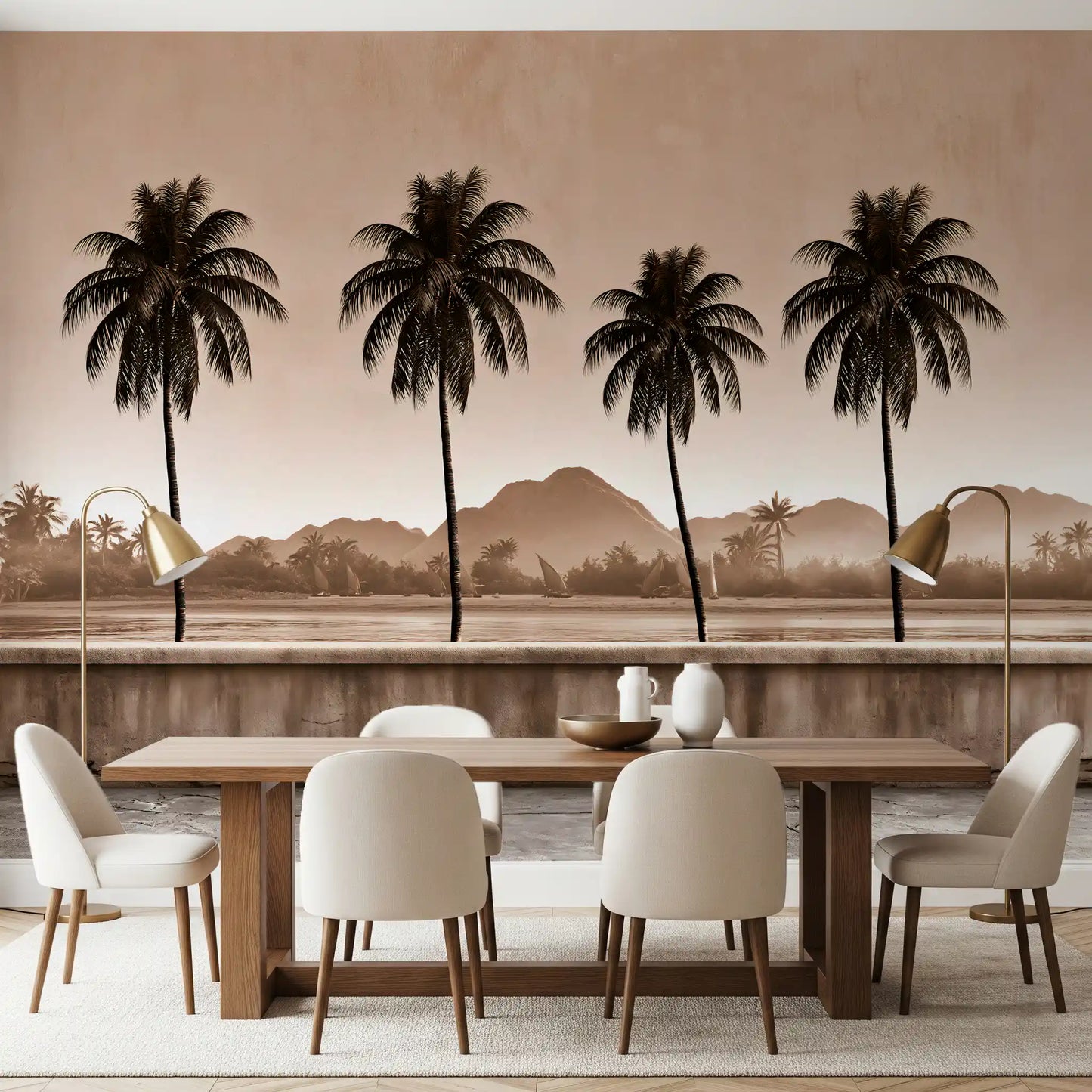 Sepia Palm Shoreline Landscape Wall Mural