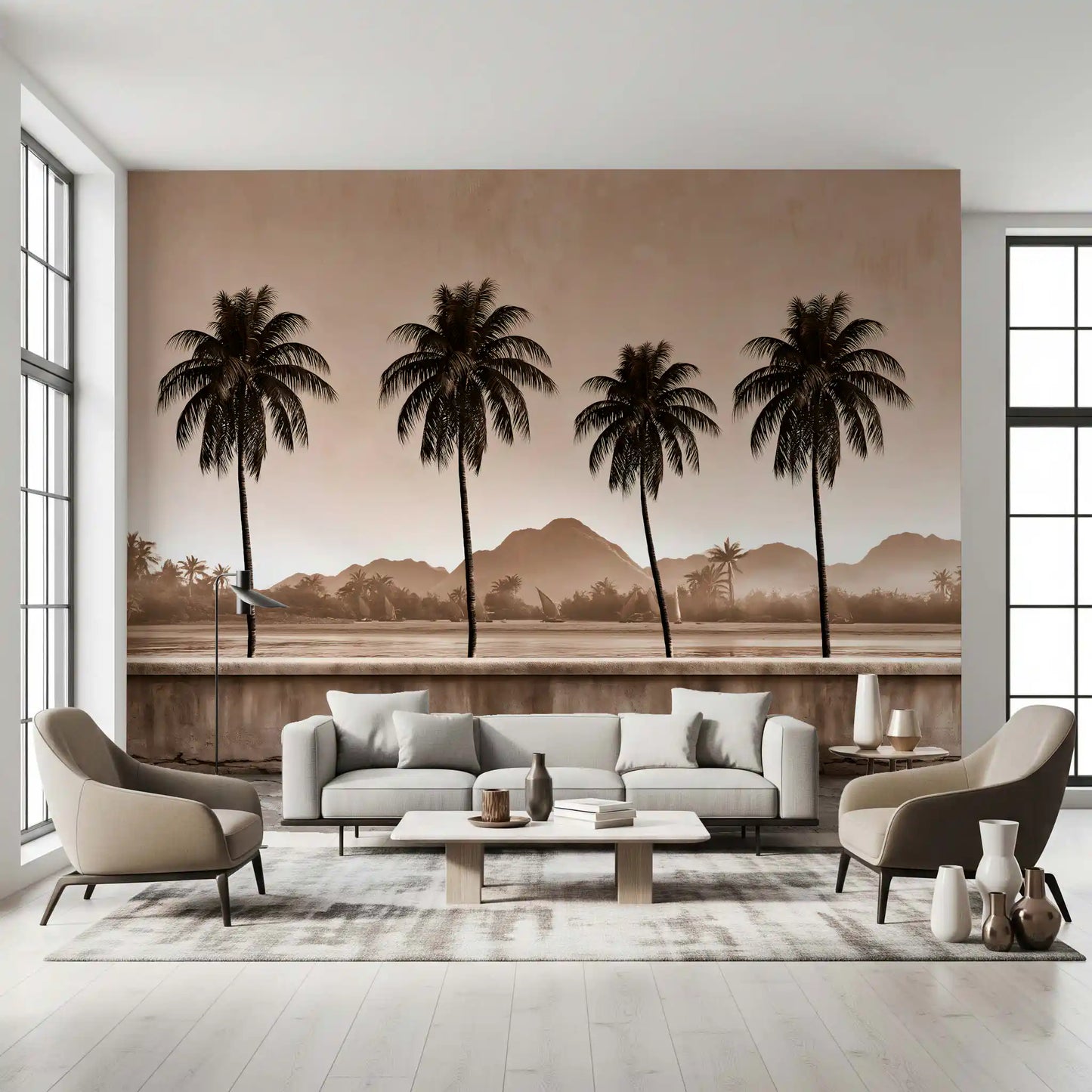 Sepia Palm Shoreline Landscape Wall Mural