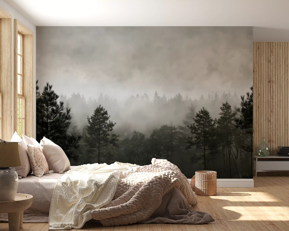 Misty forest mural on a bedroom wall behind a cream bed with a knit throw GD12916