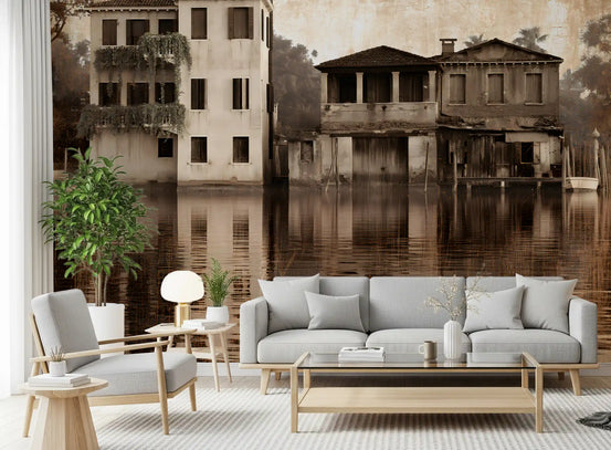 Venetian riverside reflection wall mural behind a grey sofa and potted plants in a living room GD12919