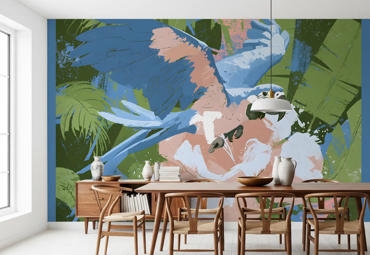 Painted tropical parrot wall mural in a dining room with a wood table and cream chairs GD12922
