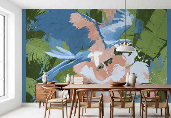 Painted tropical parrot wall mural in a dining room with a wood table and cream chairs GD12922