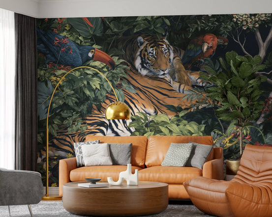 Midnight jungle tiger wall mural behind a tan leather sofa and brass floor lamp GD12923